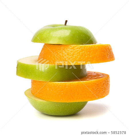 mixed sliced fruits and pills isolated on white background 5852378