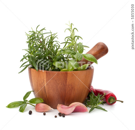 fresh flavoring herbs and spices in wooden mortar 5855030