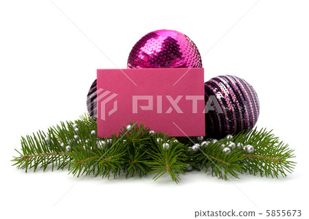 Christmas decoration with greeting card isolated on white backgr Christmas decoration with greeting card isolated on white backgr 5855673