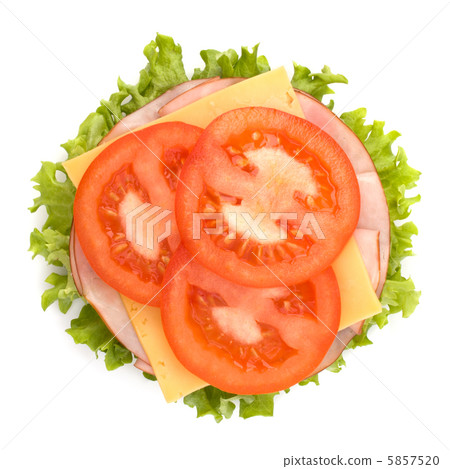 Healthy open sandwich with lettuce, tomato, smoked ham and chees Healthy open sandwich with lettuce, tomato, smoked ham and chees 5857520