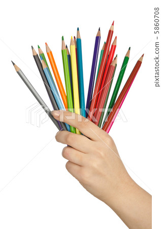 Hand holding colour pencils on white Hand holding colour pencils on white 5860708