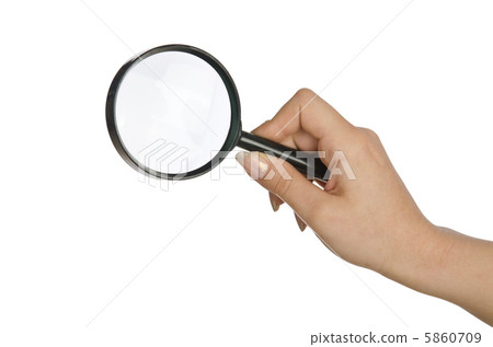 Hand holding magnifying glass on white Hand holding magnifying glass on white 5860709