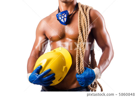 Muscular builder with tools isolated on white 5860848