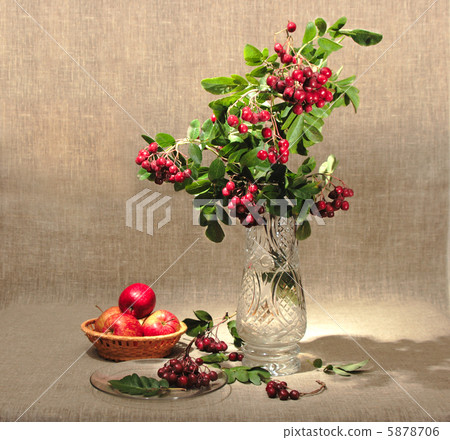Bouquet of ashberry in glass vase and group of a red apples. Bouquet of ashberry in glass vase and group of a red apples. 5878706