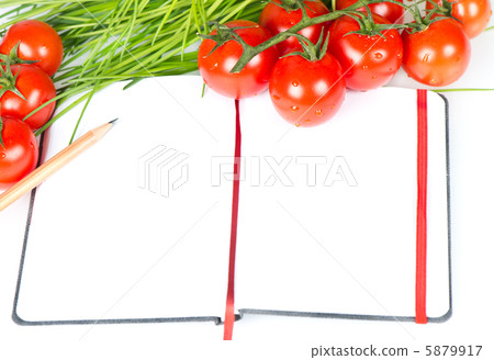 open notebook with tomatoes, chives and spices open notebook with tomatoes, chives and spices 5879917