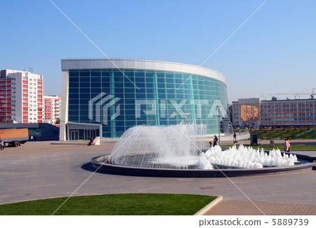 modern glass building and fountain modern glass building and fountain 5889739