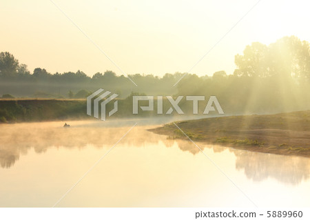 fishing on river in fog fishing on river in fog 5889960