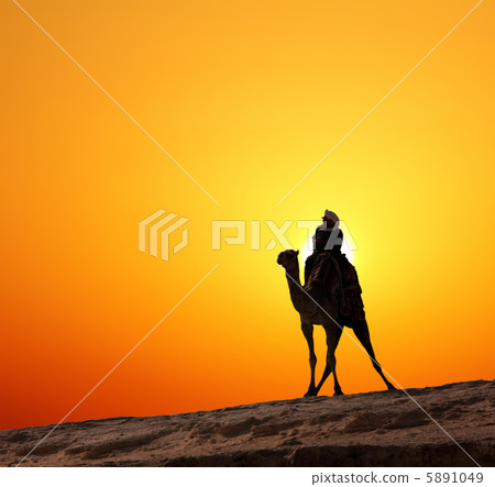 bedouin on camel silhouette against sunrise 5891049