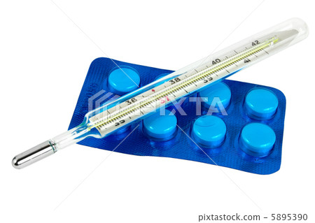 Thermometer with pills isolated 5895390