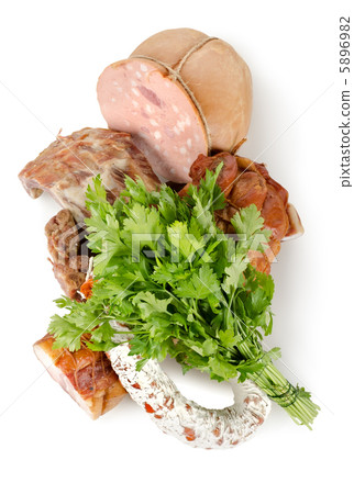 Cooked meat and sausages isolated Cooked meat and sausages isolated 5896982