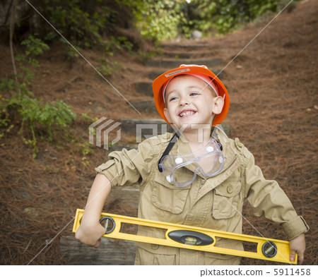 Adorable Child Boy with Level Playing Handyman Outside Adorable Child Boy with Level Playing Handyman Outside 5911458