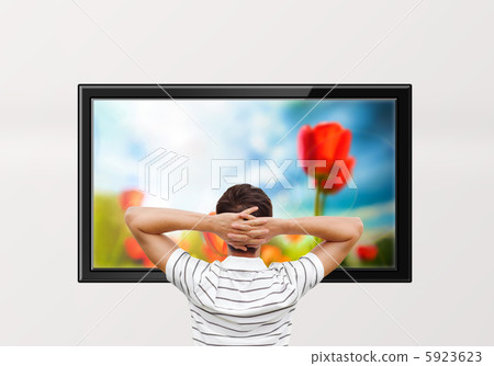 Adult man watching educational channel about nature by tv 5923623