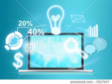 Opened laptop with icons of different functions flying around 5927047