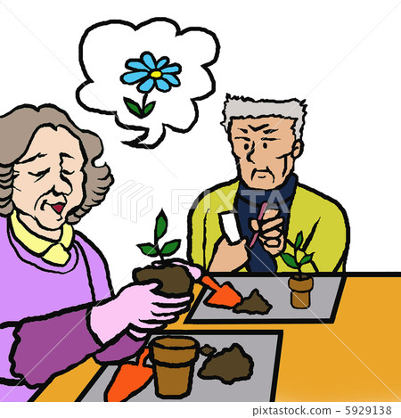 種植在罐的男人和婦女的老年人花幼木 種植在罐的男人和婦女的老年人花幼木 5929138