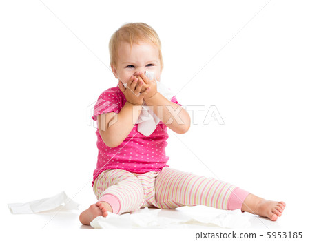 kid wiping or cleaning nose with tissue isolated on white kid wiping or cleaning nose with tissue isolated on white 5953185