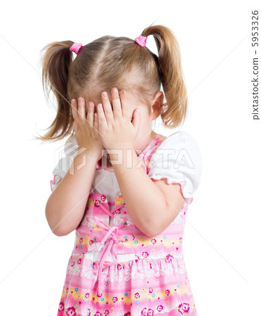 Little scared or crying or playing bo-peep girl hiding face 5953326