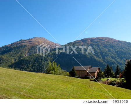 Hut: Blue sky and nature: Swiss landscape (Europe) 5953950