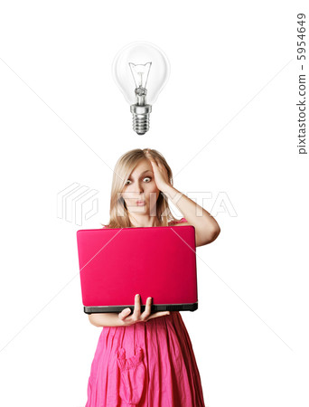 blonde in pink dress with laptop and bulb 5954649
