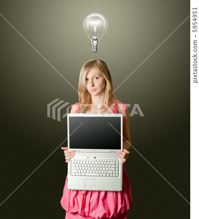femaile in pink with open laptop femaile in pink with open laptop 5954951