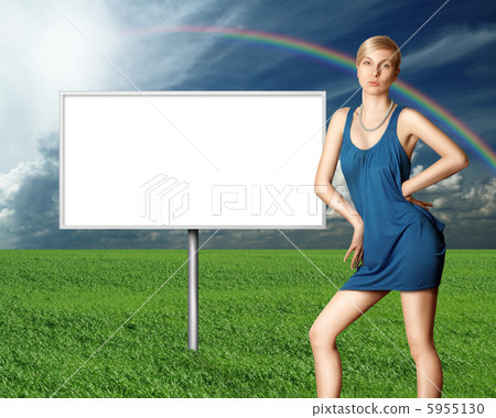 billboard and sexy blonde on green grass and blue cloudly sky billboard and sexy blonde on green grass and blue cloudly sky 5955130