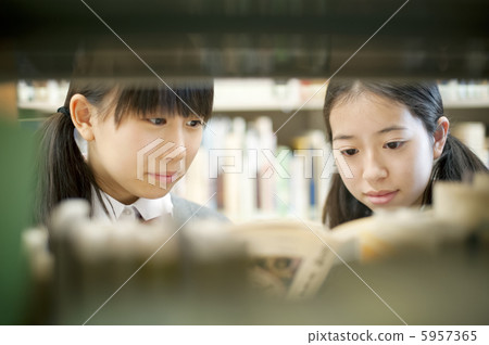 Junior high school students who choose books in the library 5957365