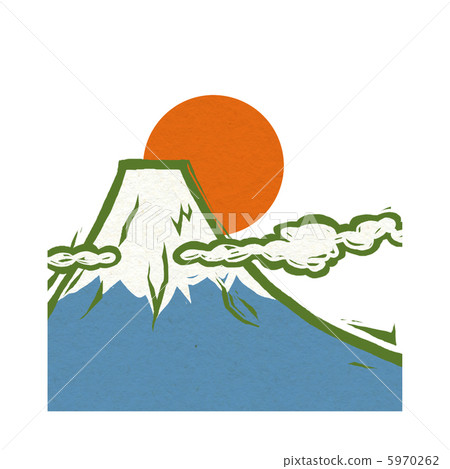 新年的卡片插圖木刻打印色調 - 富士山的第一個日出 5970262