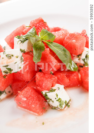 watermelon salad with feta cheese with and basil 5993892