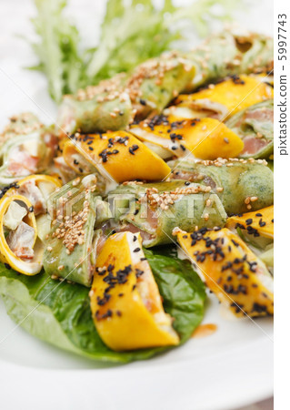 tasty appetizer with salmon and cheese 5997743