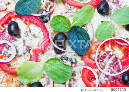 pizza with salami, cheese and fresh herbs pizza with salami, cheese and fresh herbs 6007133