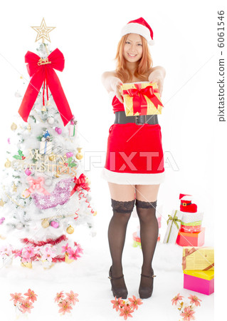 提出聖誕樹和禮物的逗人喜愛和性感的聖誕老人 提出聖誕樹和禮物的逗人喜愛和性感的聖誕老人 6061546