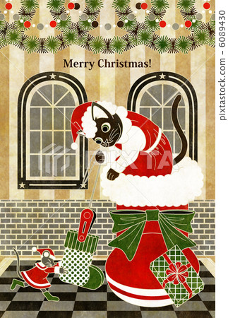 Illustration for Christmas cards (cat and mouse "socks found!") MERRYCHRISTMAS white line 6089430