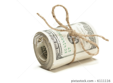 Roll of One Hundred Dollar Bills Tied in Burlap String on White 6111116