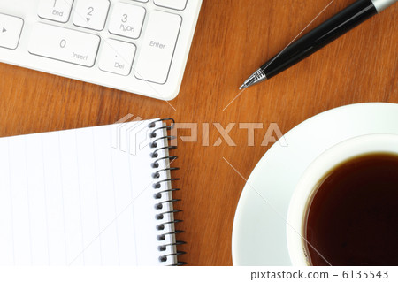 Keyboard, coffee, notepad and pen on wooden background Keyboard, coffee, notepad and pen on wooden background 6135543