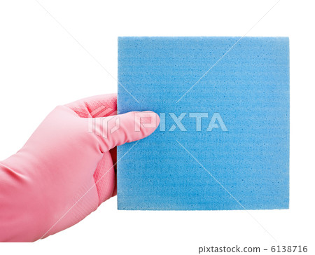 Hand in blue glove with sponge Hand in blue glove with sponge 6138716