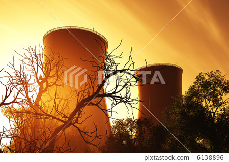Nuclear power plant sunset sunrise 3D render Nuclear power plant sunset sunrise 3D render 6138896