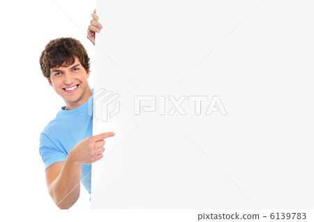 Man look out and indicate on blank banner Man look out and indicate on blank banner 6139783
