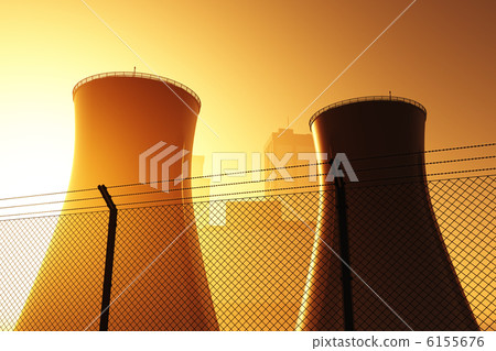Nuclear power plant sunset sunrise 3D render 6155676