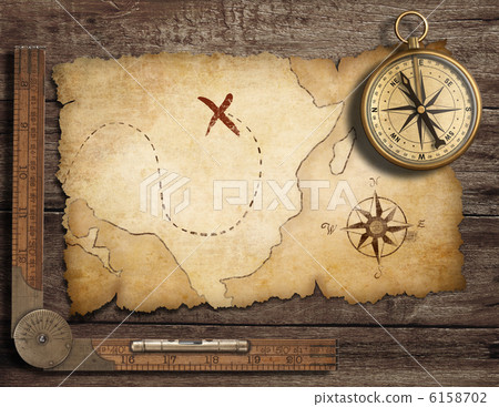 aged brass antique nautical compass on table... - Stock Illustration ...