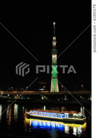 Tokyo sky tree at night and houseboat 6160379
