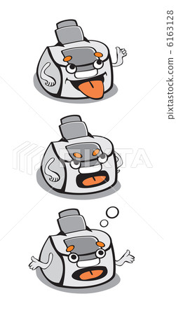 Colorful illustration of character printer in 3 positions on whi 6163128