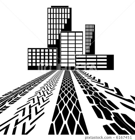 Set of detailed tire prints, leading to the building. 6167451