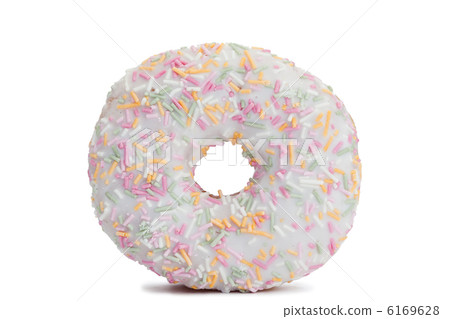 Pink Iced Doughnut covered in sprinkles isolated Pink Iced Doughnut covered in sprinkles isolated 6169628