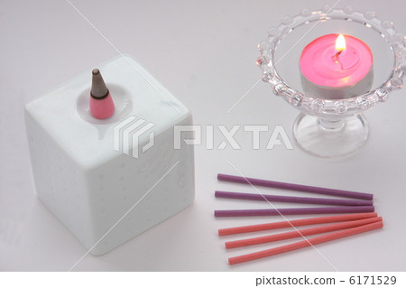 Pink incense incense and square incense stand and candle (white background) 6171529