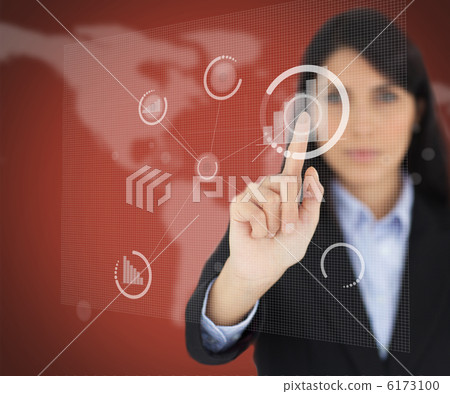 Businesswoman touching one button on red screen 6173100
