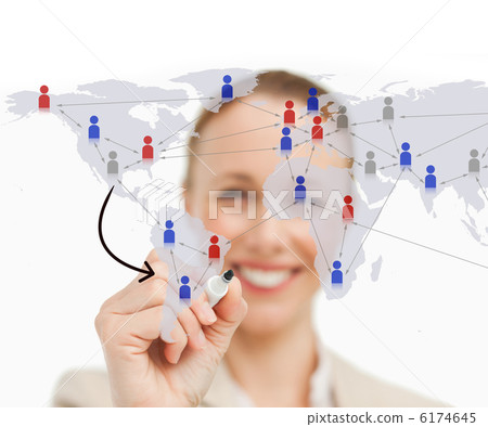 Woman linking figures on world map Woman linking figures on world map 6174645