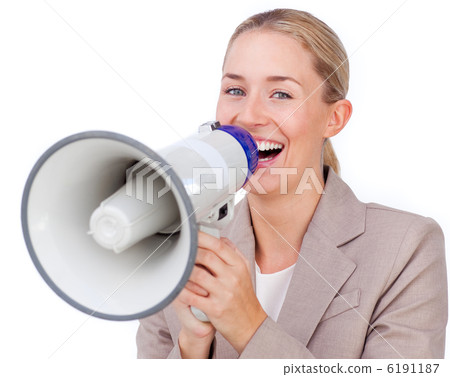 Happy businesswoman giving instructions with a megaphone 6191187