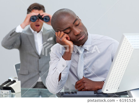 Asleep businessman annoyed by a man looking through binoculars 6191526