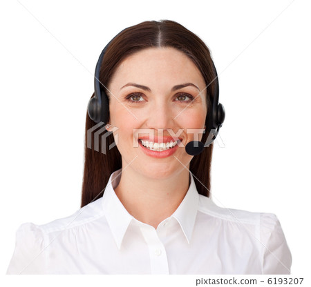 Smiling attractive businesswoman with headset on 6193207