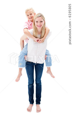 Cute little girl enjoying piggyback ride with her mother Cute little girl enjoying piggyback ride with her mother 6195805