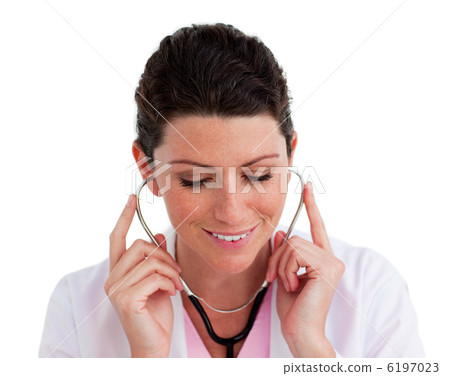 Confident female doctor holding a stethoscope Confident female doctor holding a stethoscope 6197023